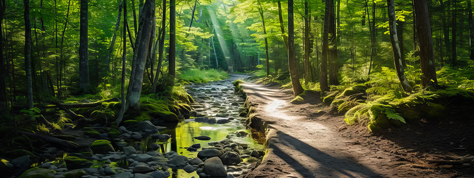 Un sentiero lungo un ruscello, con la luce del sole che filtra attraverso gli alberi del bosco, mostra il percorso dell'acqua.